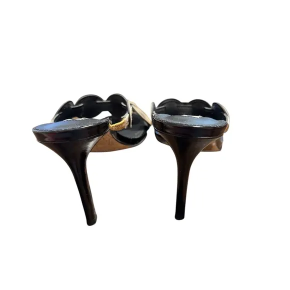 Karl Lagerfeld Paris Womens Black Gold Chain Open Toe Stiletto Slide Sandals