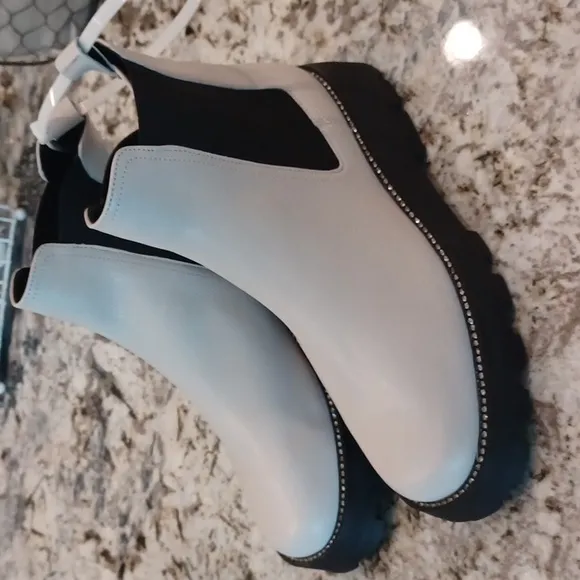 KARL LAGERFELD Stone Color Chunky Boots Leather Rhinestone Adorned New