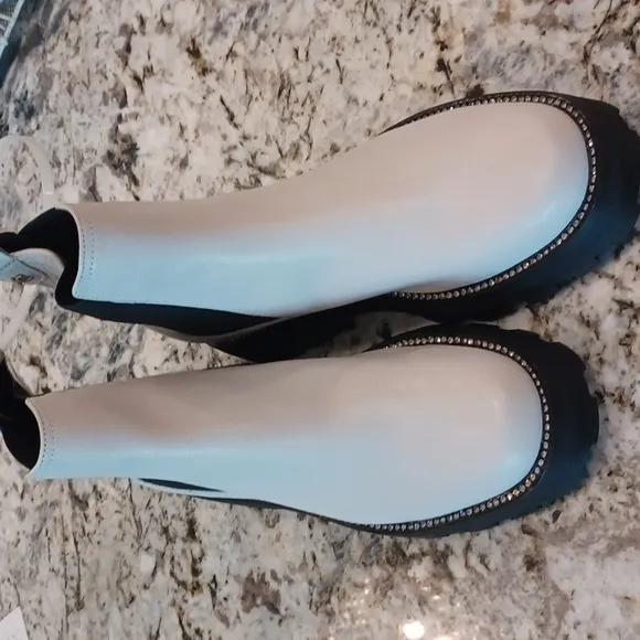 KARL LAGERFELD Stone Color Chunky Boots Leather Rhinestone Adorned New