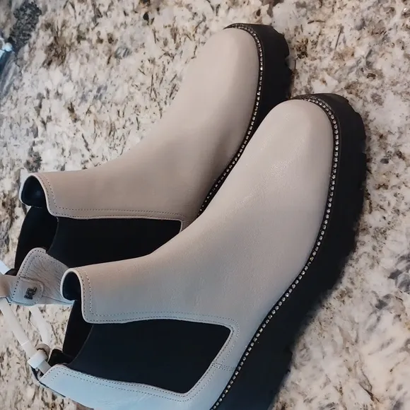 KARL LAGERFELD Stone Color Chunky Boots Leather Rhinestone Adorned New