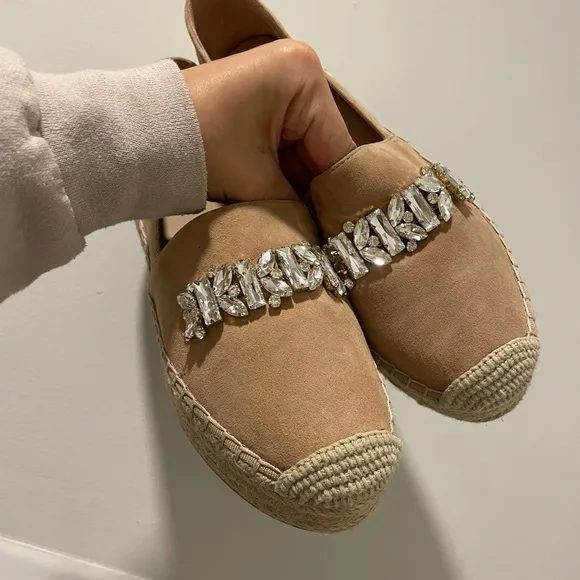 Karl Lagerfeld Suede Jeweled Platform Espadrilles Tan Size 9 - the Mari flats