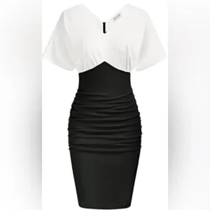 Kate Kasin Batwing Short Sleeves Ruched Pencil Dress Elegant V Neck Bodycon