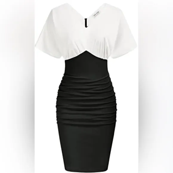 Kate Kasin Batwing Short Sleeves Ruched Pencil Dress Elegant V Neck Bodycon