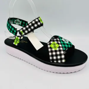 Kate Spade Dotty Gingham Platform Sandals Womens size 7B Black Green Floral EUC