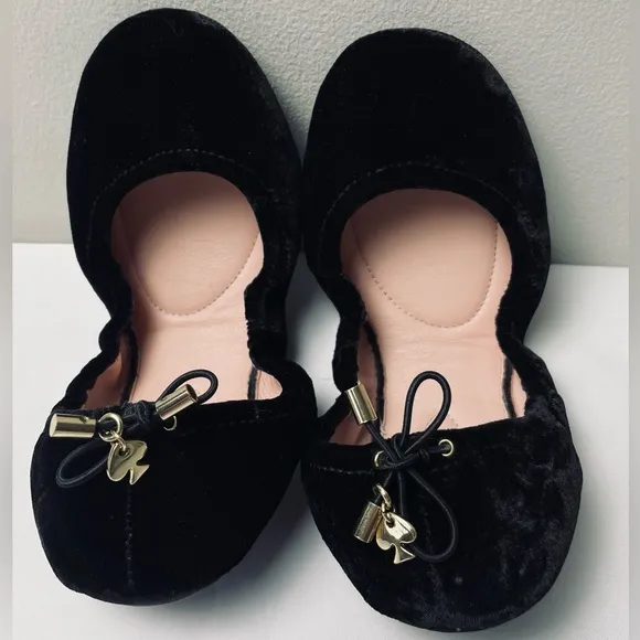 Kate Spade Globe Black Crushed Velvet Foldable Ballet Flats Size 6M