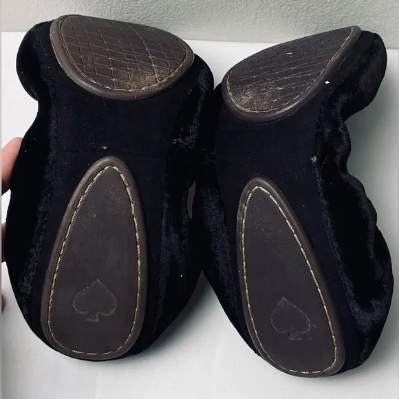 Kate Spade Globe Black Crushed Velvet Foldable Ballet Flats Size 6M