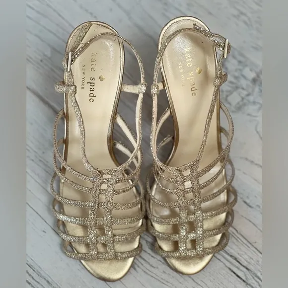 Kate Spade Gold Sequin Strappy Heels Sandals Size 7