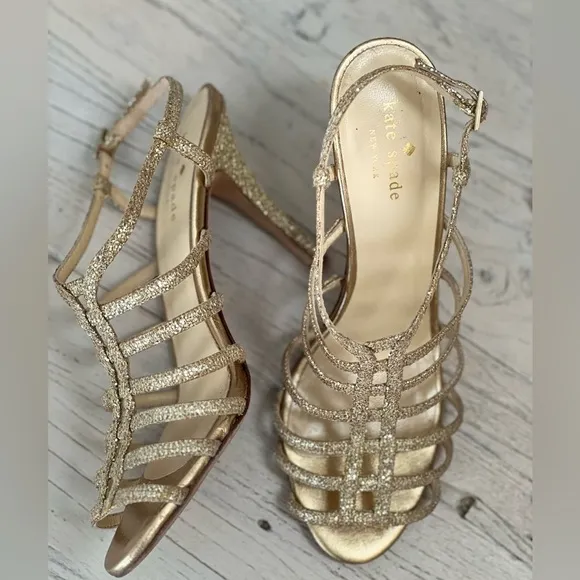 Kate Spade Gold Sequin Strappy Heels Sandals Size 7