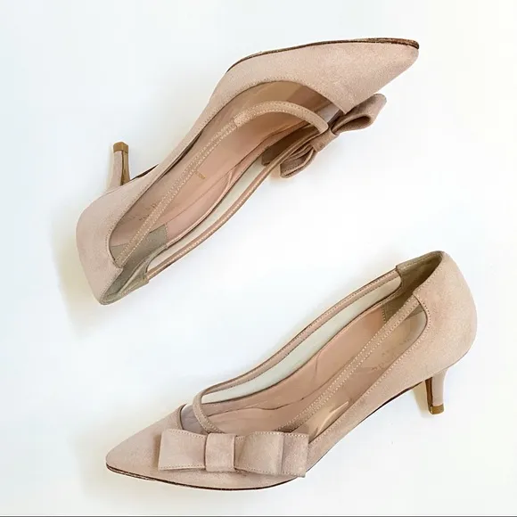 Kate Spade Mackenzie light pink suede bow pointed toe kitten high heel pumps