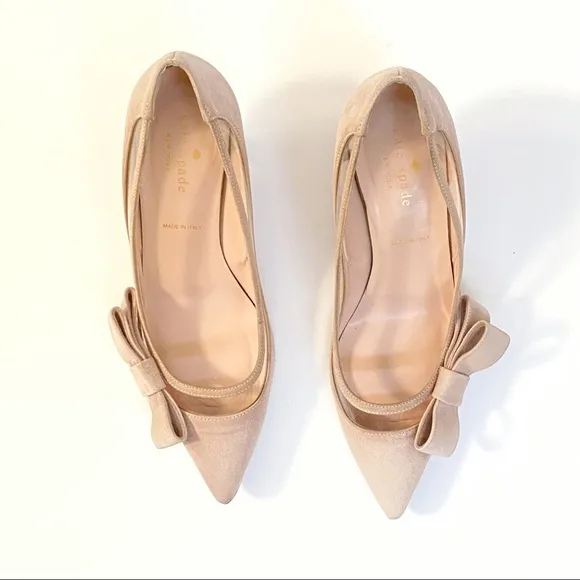 Kate Spade Mackenzie light pink suede bow pointed toe kitten high heel pumps