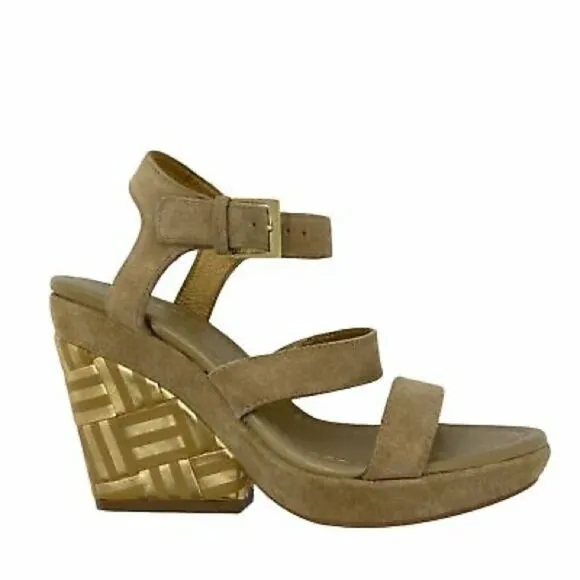KATE SPADE New York Farryn Beige Gold Suede Geometric Wedge Espadrilles