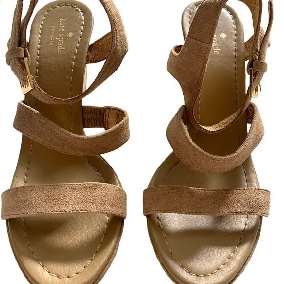KATE SPADE New York Farryn Beige Gold Suede Geometric Wedge Espadrilles