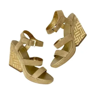 KATE SPADE New York Farryn Beige Gold Suede Geometric Wedge Espadrilles