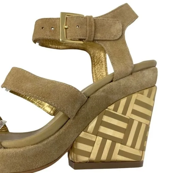 KATE SPADE New York Farryn Beige Gold Suede Geometric Wedge Espadrilles