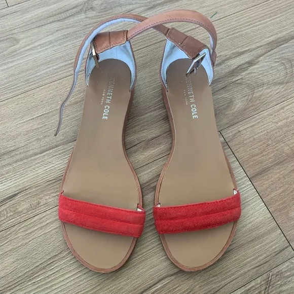 Kenneth Cole New York Jenna Leather Open Toe Casual Ankle Strap Sandal Red SZ 6M
