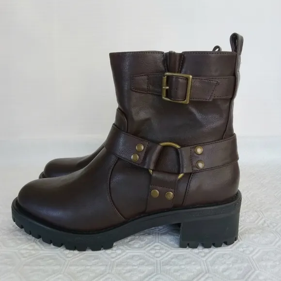 KENNETH COLE REACTION  Beryl O-Ring Harness Moto Brown Boots Womens Size 7.5