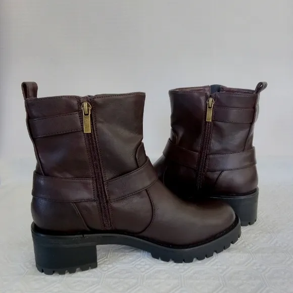 KENNETH COLE REACTION  Beryl O-Ring Harness Moto Brown Boots Womens Size 7.5
