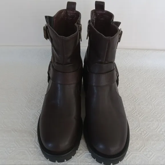 KENNETH COLE REACTION  Beryl O-Ring Harness Moto Brown Boots Womens Size 7.5