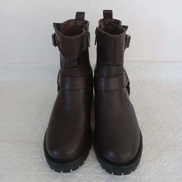 KENNETH COLE REACTION  Beryl O-Ring Harness Moto Brown Boots Womens Size 7.5