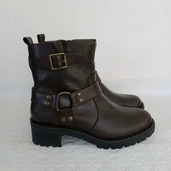 KENNETH COLE REACTION  Beryl O-Ring Harness Moto Brown Boots Womens Size 7.5