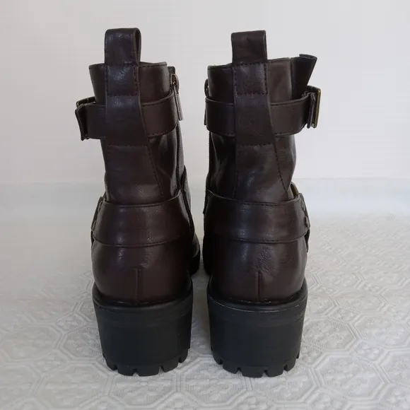 KENNETH COLE REACTION  Beryl O-Ring Harness Moto Brown Boots Womens Size 7.5