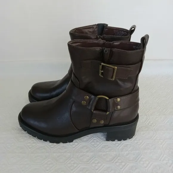 KENNETH COLE REACTION  Beryl O-Ring Harness Moto Brown Boots Womens Size 7.5