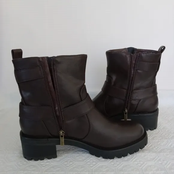 KENNETH COLE REACTION  Beryl O-Ring Harness Moto Brown Boots Womens Size 7.5