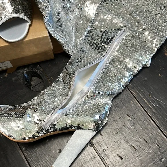 KHPAERMEI Sparkly Thigh High Open Toe Chunky High Heel Boots - Silver Sequin