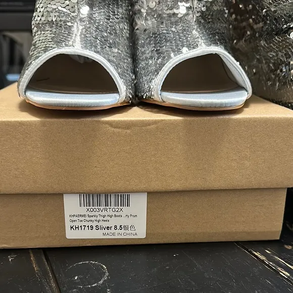 KHPAERMEI Sparkly Thigh High Open Toe Chunky High Heel Boots - Silver Sequin