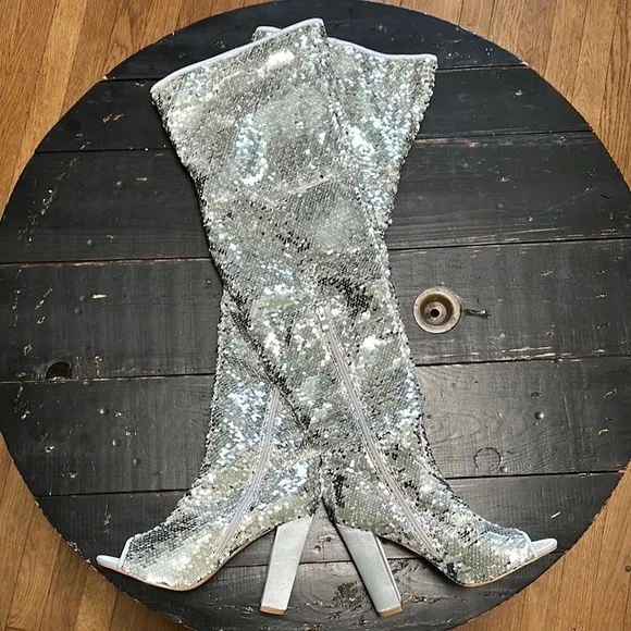 KHPAERMEI Sparkly Thigh High Open Toe Chunky High Heel Boots - Silver Sequin