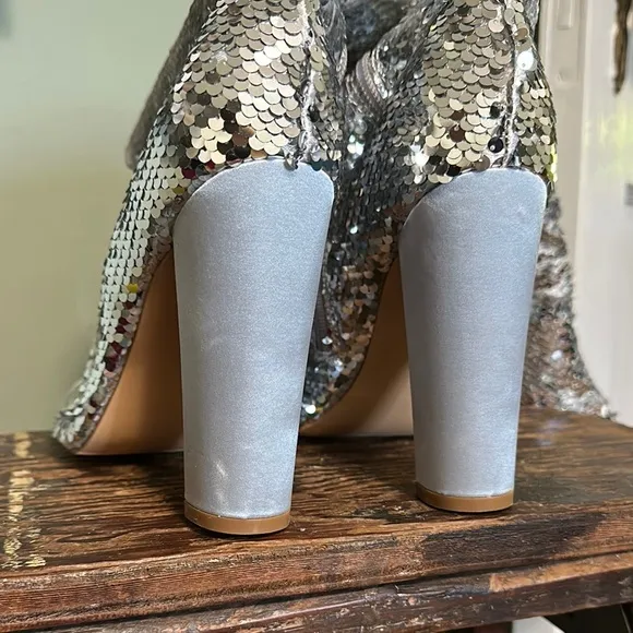 KHPAERMEI Sparkly Thigh High Open Toe Chunky High Heel Boots - Silver Sequin