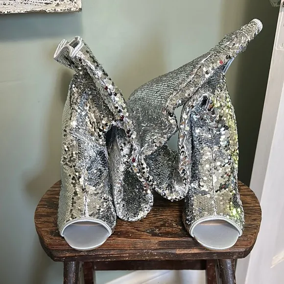 KHPAERMEI Sparkly Thigh High Open Toe Chunky High Heel Boots - Silver Sequin