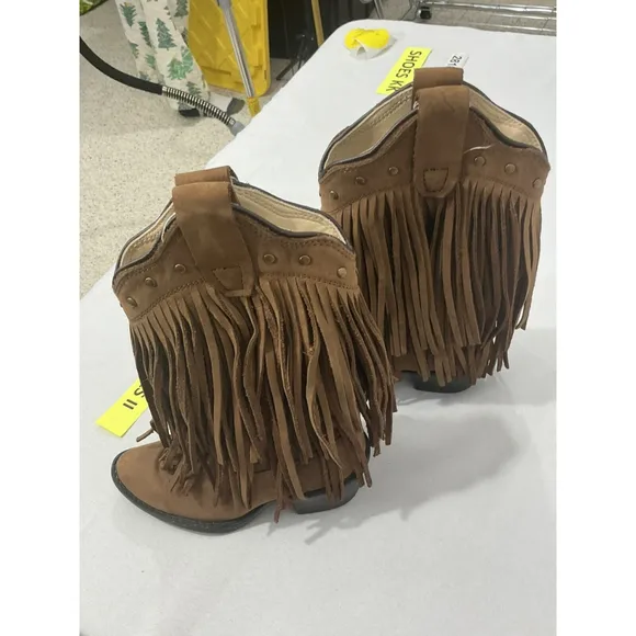 Kids Old West 8.5 D Brown Suede Fringe Midcalf Pull On Western Boots NWOT