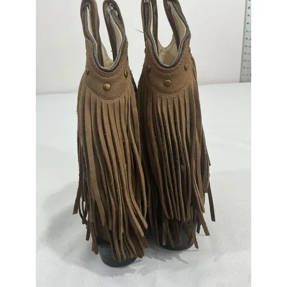 Kids Old West 8.5 D Brown Suede Fringe Midcalf Pull On Western Boots NWOT