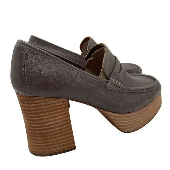 Kork-Ease Barbara Grey Leather Penny Loafer Block Heel Platform Shoes 9.5 Y2K