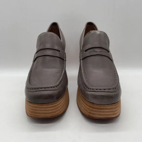 Kork-Ease Barbara Grey Leather Penny Loafer Block Heel Platform Shoes 9.5 Y2K