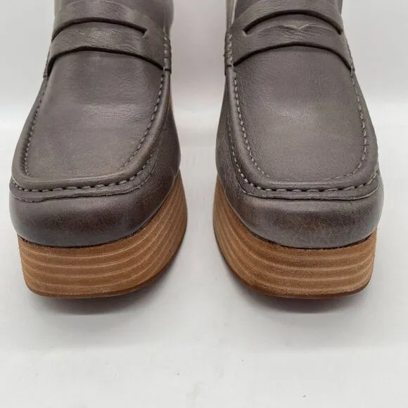 Kork-Ease Barbara Grey Leather Penny Loafer Block Heel Platform Shoes 9.5 Y2K