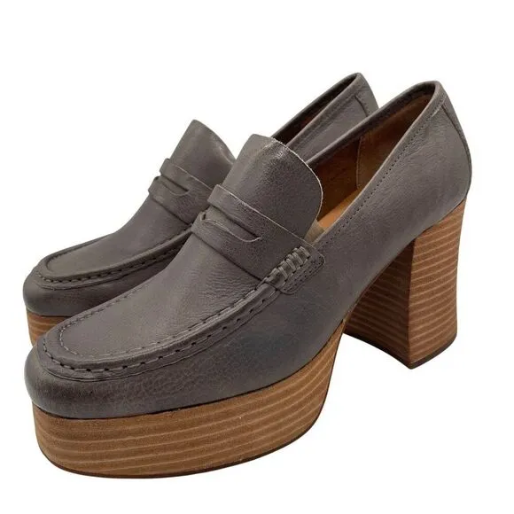 Kork-Ease Barbara Grey Leather Penny Loafer Block Heel Platform Shoes 9.5 Y2K