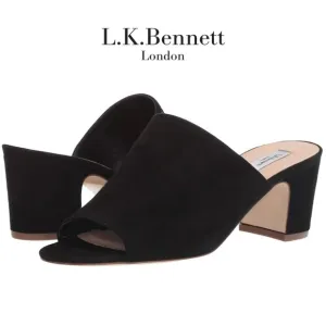L. K. Bennet Carter Black Suede Leather Block Heel Open Toe Mule Sandal Italy 38