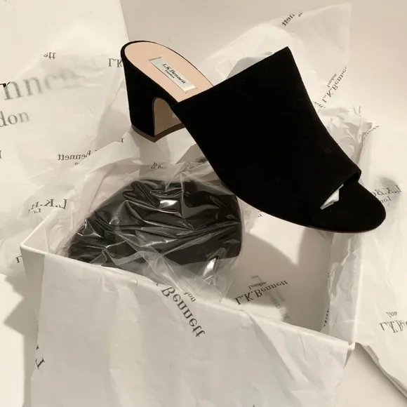 L. K. Bennet Carter Black Suede Leather Block Heel Open Toe Mule Sandal Italy 38