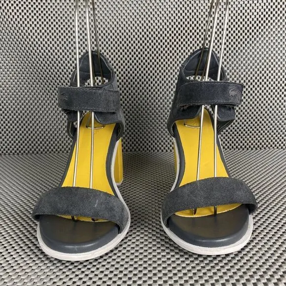 Lacoste Lonelle Heels Sandals Womens 7 Blue Yellow Strap Block Heel Open Toe