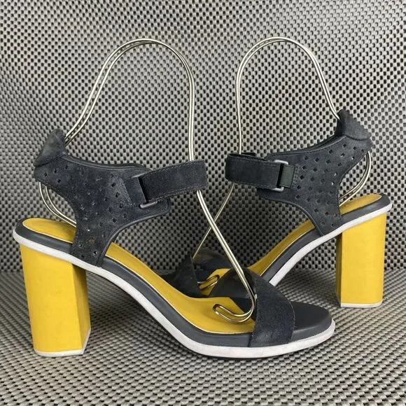Lacoste Lonelle Heels Sandals Womens 7 Blue Yellow Strap Block Heel Open Toe