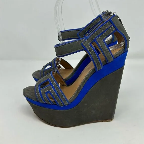 L.A.M.B. Women's Gray Nubuck Platform Wedge Sandals Size 6.5 Open Toe Casual