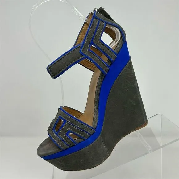 L.A.M.B. Women's Gray Nubuck Platform Wedge Sandals Size 6.5 Open Toe Casual