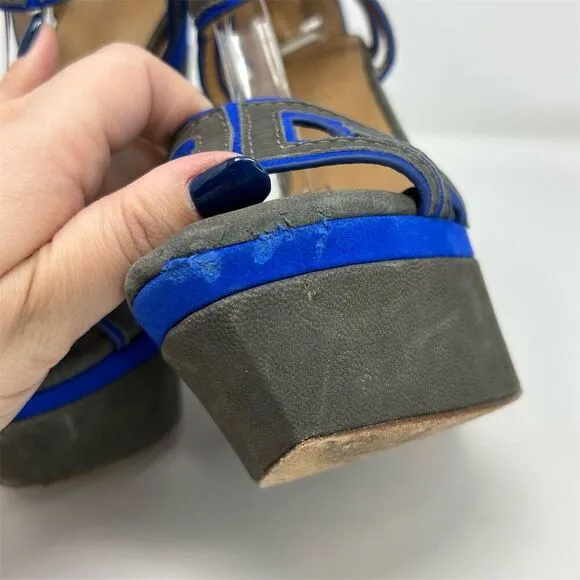 L.A.M.B. Women's Gray Nubuck Platform Wedge Sandals Size 6.5 Open Toe Casual