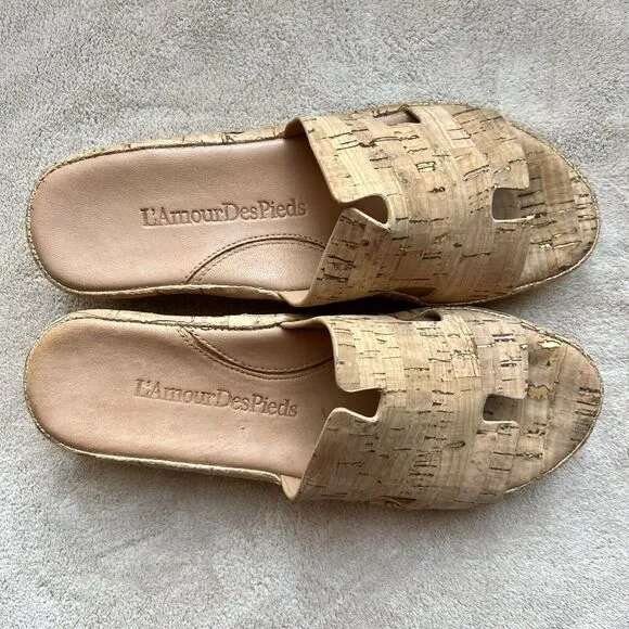 L'Amour Des Pieds Catiana Natural Open Toe Slip On Slide Cork Sandals US 7 M