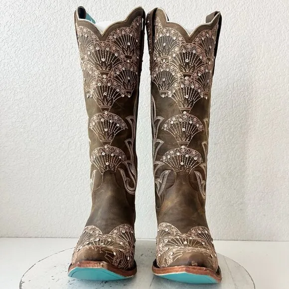 Lane CALYPSO Womens Cowboy Boots 7.5 Brown Leather Western Cowgirl Mid Calf Tall