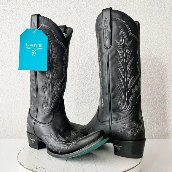Lane LEXINGTON Womens Cowboy Boots 7.5 Black Leather Western Cowgirl Mid Calf