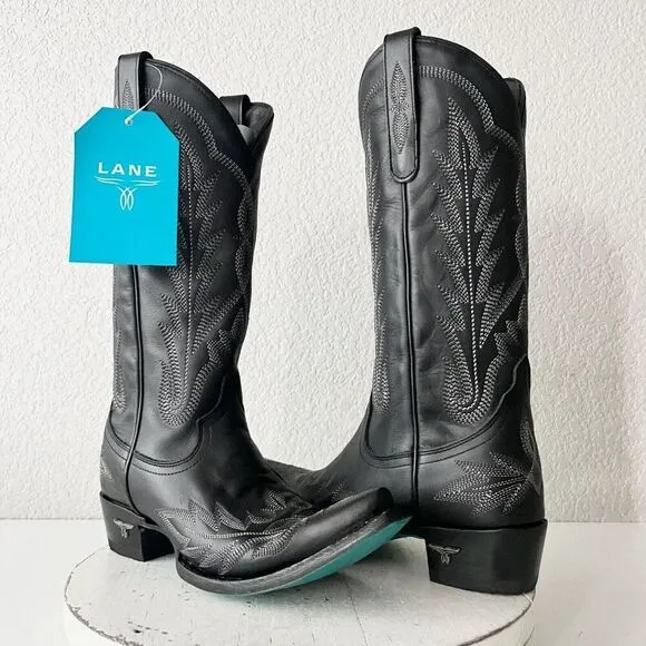 Lane LEXINGTON Womens Cowboy Boots 7.5 Black Leather Western Cowgirl Mid Calf