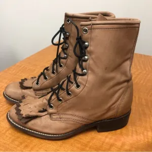 Laredo Western Packer Boots Mid Calf Lace Up Fringe Leather Tan vintage